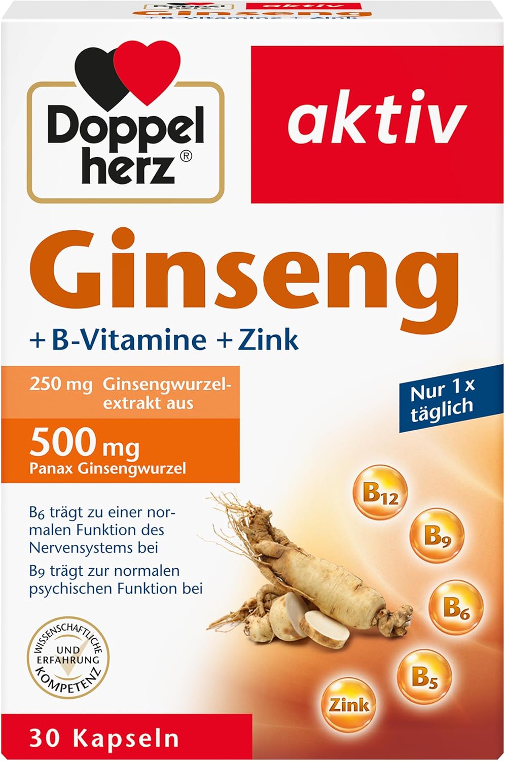 Doppelherz Ginseng + B vitamini + Cink – 30 kapsula za energiju i smanjenje umora